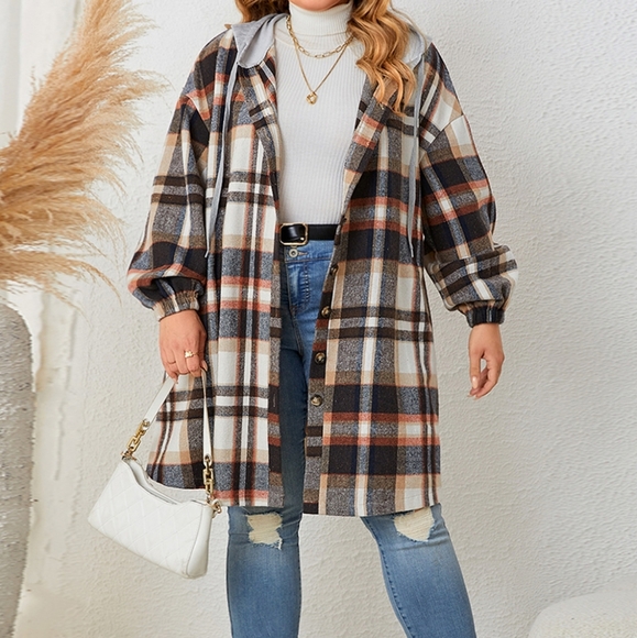 Plus Size Plaid Drop Shoulder Hooded Coat - Picture 3 of 3